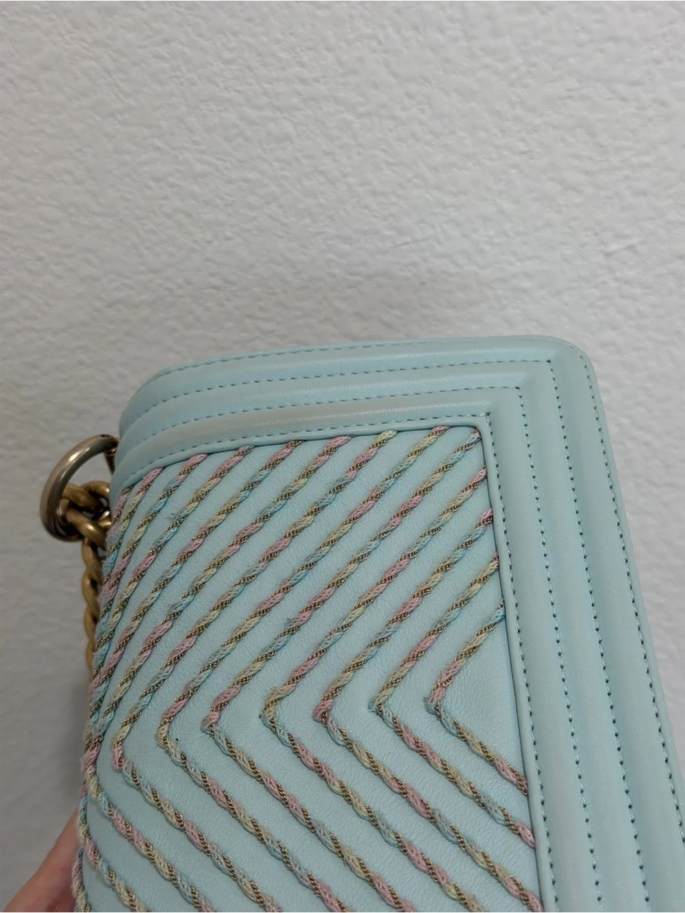 CHANEL Light Blue Chevron Quilted Boy Flap Shoulder Bag with Gold Hardware